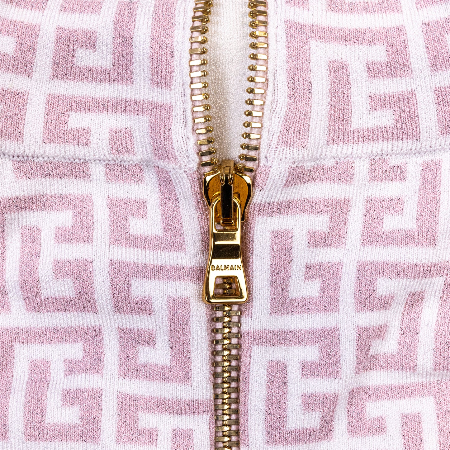 Balmain Pink Jacquard Lurex Knit Mock Neck Crop Top