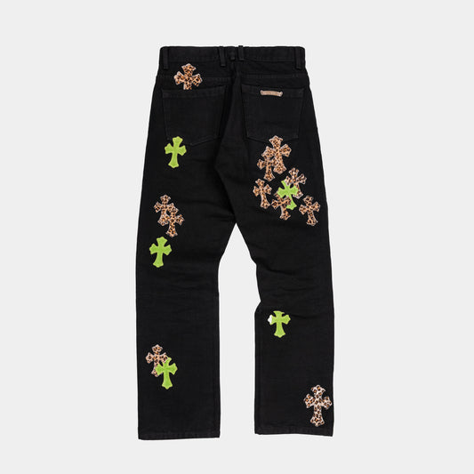Chrome Hearts Green & Leopard Cross Patch Jeans