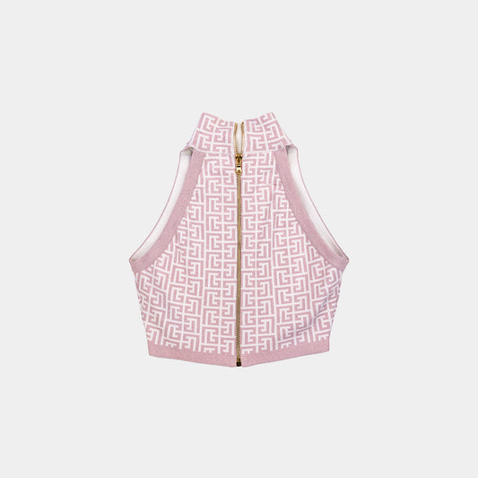 Balmain Pink Jacquard Lurex Knit Mock Neck Crop Top