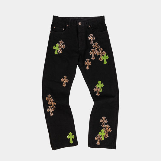 Chrome Hearts Green & Leopard Cross Patch Jeans