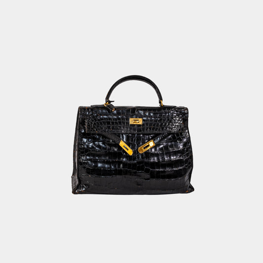 Hermès Kelly Sellier 28 Black Porosus Crocodile with Gold Hardware
